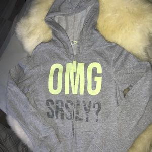 Grey Old Navy jacket with text lingo graphic